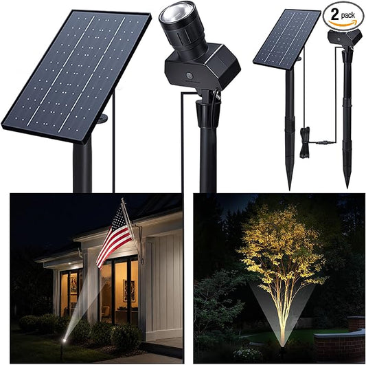 Solar Spot Lights Outdoor, Adjustable Beam Focus Uplights for Trees, Waterproof Separate Panel Bright Spotlight, LED Warm White & Daylight Selectable for House Exterior Flag 2 Pack