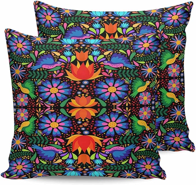 Outdoor Waterproof Throw Pillow Covers Set of 2 Colorful Mexican Floral Pillowcases 18x18 Inches Bird Rustic Assorted Flower Decorative Pillows Cushion Case Patio Pillows for Couch Bed Chair Garden