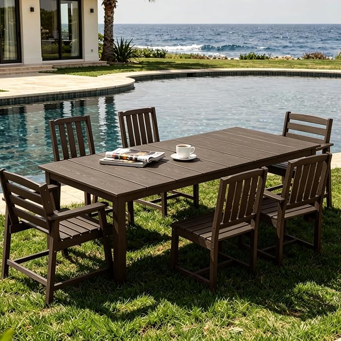 AreShark 7-Piece Outdoor Dining Set,HDPE Patio Table with 6 Armchairs,All-Weather Patio Furniture Set with Umbrella Hole,Low Maintenance Wood Grain Dining Set for Backyard,Garden,Poolside,Black