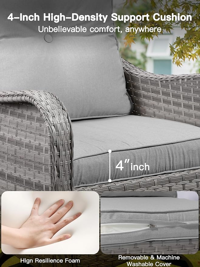 6-Piece Patio Furniture Set, Outdoor Swivel Rocking Chairs with 4" Thick Cushions & Side Table, All-Weather PE Rattan & Rust-Resistant Steel Frame Conversation Set for Porch, Garden, Backyard, Grey