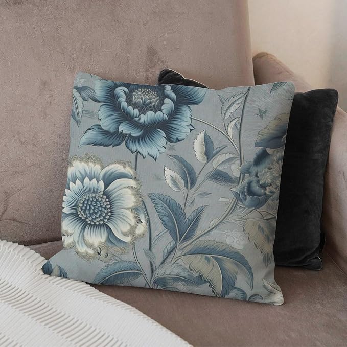 Throw Pillow Covers Spa On Flax Blue Chinoiserie Cushion Cases Retro Blue Grey Asian Flower Pillow Cover Accent Square Couch Sofa Cushion Covers for Patio Couch Sofa Office 20x20 in