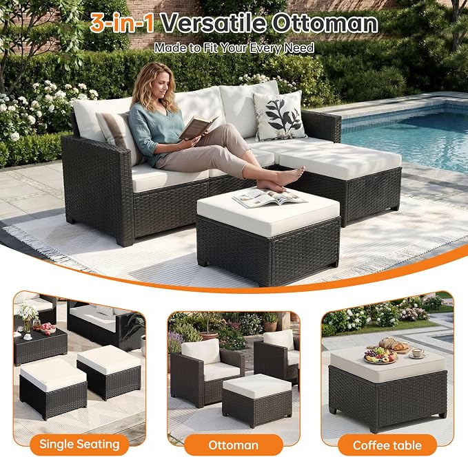LazySunsets 6-Piece Outdoor Patio Furniture Set, Rattan Outdoor Sectional with Thick Waterproof Cushions, Wicker Ottomans & Waterproof Cover, Patio Conversation Set for Garden, Backyard, Beige
