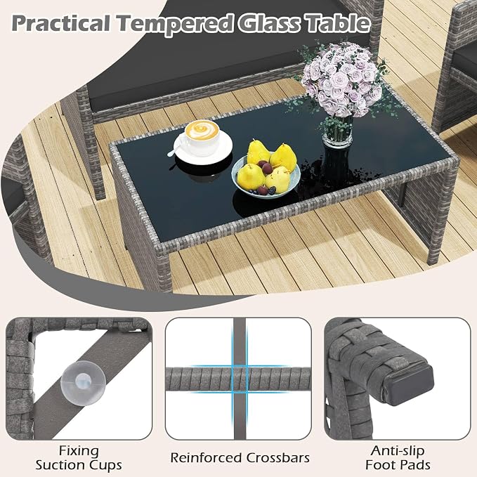 RELAX4LIFE 8-Piece Patio Furniture Set - Wicker Rattan Outdoor Sectional Sofa Set w/Glass Coffee Table, Loveseat, 2 Chairs & Soft Cushions, Bistro Conversation for Garden Porch (2, Grey-Black)