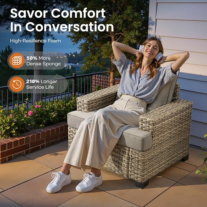 ovios 10 Piece Patio Sectional Furniture with 42in Fire Pit Table, Rattan Wicker Coversation Setwith Single Chairs, Outdoor Sofa Set for Outside Porch Balcony Backyard Pool, Dark Grey