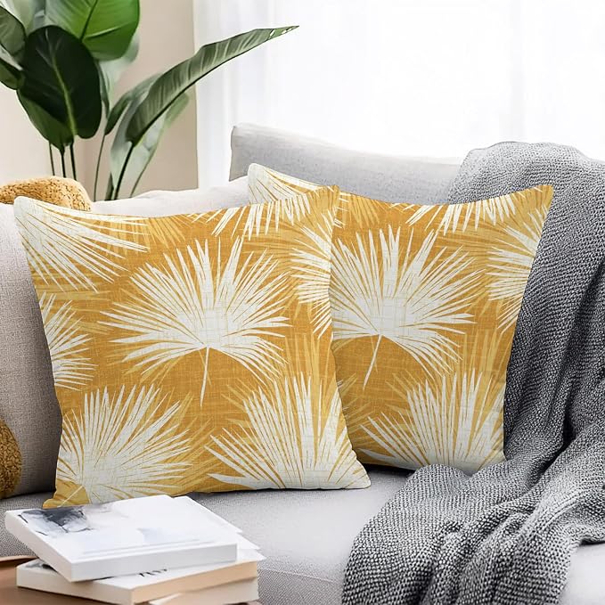 Throw Pillow Covers 20x20 Inch Set of 2, Golden Yellow Palm Leaves Waterproof Outdoor Pillow Covers, Summer Tropical Botanical Decorative Cushion Pillowcases for Couch, Sofa, Bed, Garden, Patio