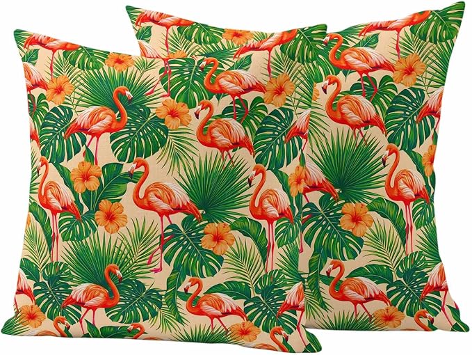 Red Flamingos Outdoor Pillow Covers 24"x24" Set of 2, Jungle Plants Hibiscus Flower Green Leaf Botanical Waterproof Throw Pillow Covers for Patio Furniture, Decorative Cushion Covers for Porch
