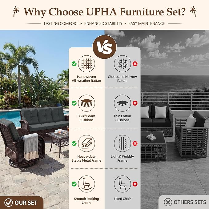 UPHA 6 Pieces Patio Furniture Sets, Wicker Outdoor Sofa Set with Loveseat & 3-Seat Couch, Swivel Chairs, Patio Conversation Set for Deck Backyard Garden, Brown Rattan, Gray Cushion