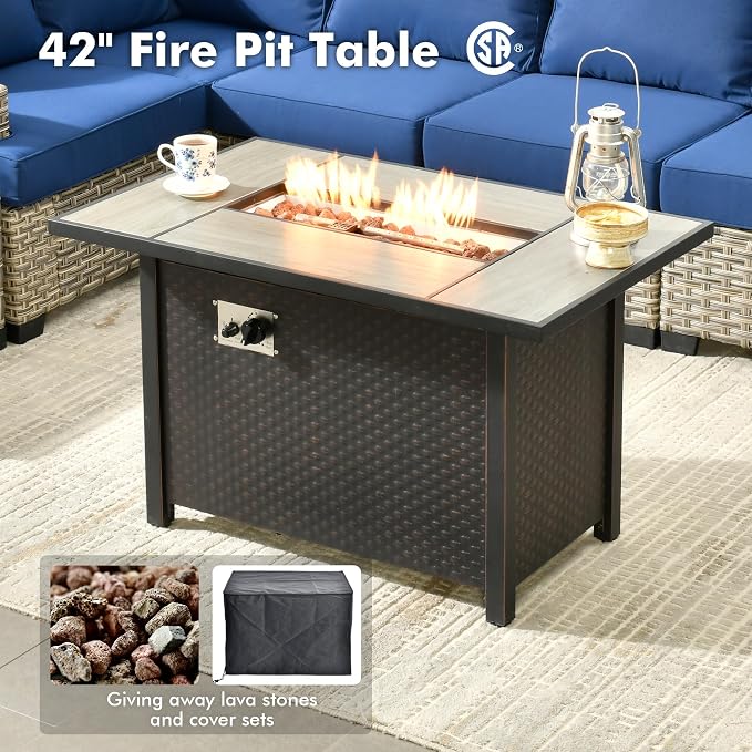 Weaxty 7 Pieces Wide Seats Outdoor Furniture Set, L Shape Sectional Couch Ottoman Fire Pit Solar Table, Thick Cushion All-Weather Rattan Patio Conversation Sets for Backyard Porch Deck, Navy Blue