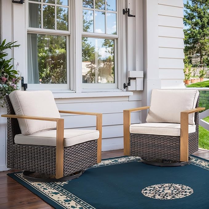 Belord Outdoor Swivel Rocker Chairs Set of 2 with Metal Wide Armrests, Patio Wicker Chairs, Glider Furniture for Porch, Deck, Sunroom, Backyard