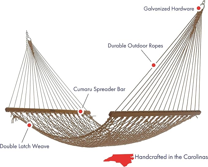 Nags Head Hammocks Captain Mocha Duracord Rope Hammock with Free Extension Chains & Tree Hooks, Handcrafted in The USA, Accommodates 2 People, 450 LB Weight Capacity, 13 ft. x 55 in.