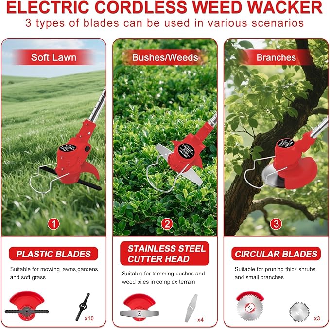 Electric Weed Wacker String Weed Eater Cordless Grass Trimmer 21V Battery Powered String Trimmer with 2x2.0ah Battery and Charger Brush Cutter/Edger/Mower with 3 Types Blade for Garden Lawn Turf(Red)