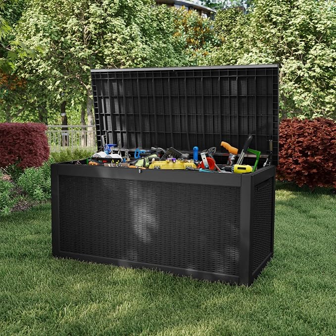 EasyUp 320 Gallon Outdoor Storage Box Waterproof, UV Resistant Resin Deck Box with Hydraulic Rod, Reinforced Stability for Patio, Garden, Rattan Black