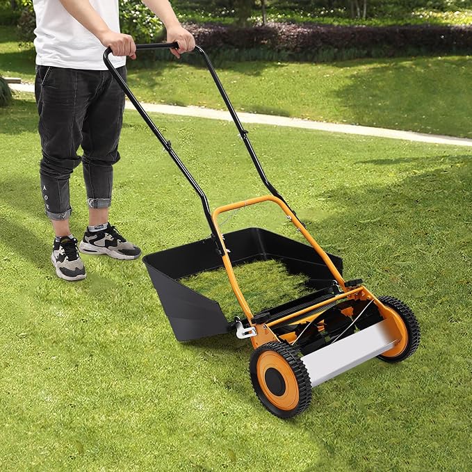 14 Inch Manual Lawn Mower, 4-Blade Reel Lawn Mower with Grass Catcher, Adjustable Cutting Height Lawn Mowers, Push Lawn Sweeper for Lawn Yard Garden Bush