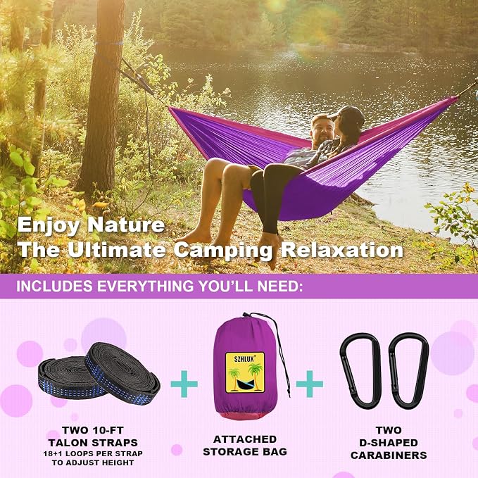 SZHLUX Camping Hammock Double & Single Portable Hammocks with 2 Tree Straps, Great for Hiking,Backpacking,Hunting,Outdoor,Beach,Camping,Purple / Pink