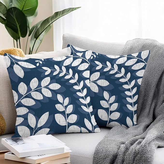 Navy Blue Leaves Outdoor Waterproof Throw Pillow Covers 26x26 Set of 2, Farmhouse Botanical Branch Vintage Boho Leaf Decorative Pillowcases Cushion Pillowcase for Couch Sofa Patio Pillow Protector