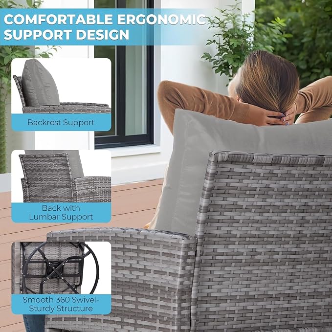 10-Piece Outdoor Patio Furniture Set with Swivel Chairs, Wicker Rattan Sectional Sofa Modular Conversation Couch with Cushions and Coffee Table for Garden Balcony Porch Lounge Areas