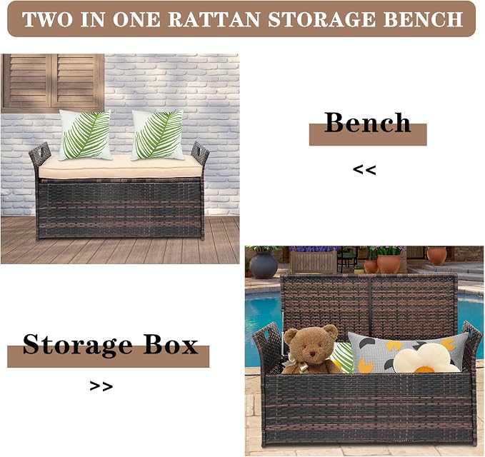 33 Gallon Outdoor Wicker Storage Bench with Cushion, Rattan Storage Box, 2-in-1 Large Capacity Rectangle Garden Storage Box Wicker Deck Box with Handles＆Seat for Backyard, Balcony, Poolside (Brown)
