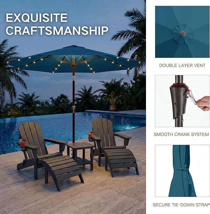 Kingdura 10FT Outdoor Patio Umbrella with Solar Lights, Market Table Umbrella with Push Button Tilt & Crank, 8 Sturdy Ribs, 32 LED Lights, UV Protection for Garden Lawn Deck Backyard Pool (Lake blue)