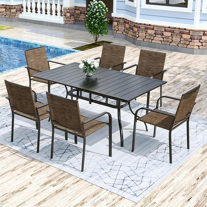 Anmutig 7-Piece Outdoor Dining Set, Powder Coated Steel Table with 6 Stackable Chairs, Black and Brown, 63 x 38 Inch Table