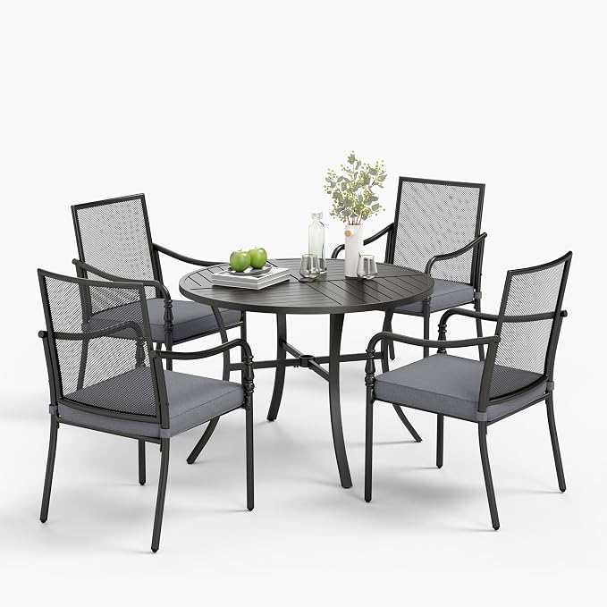 MIXPATIO 5 Piece Patio Metal Dining Set, Outdoor Table and Chairs for 4, Powder-Coating Steel Chairs with 4" Thickened Cushions, 42" Round Table with 1.57" Umbrella Hole for Deck, Backyard