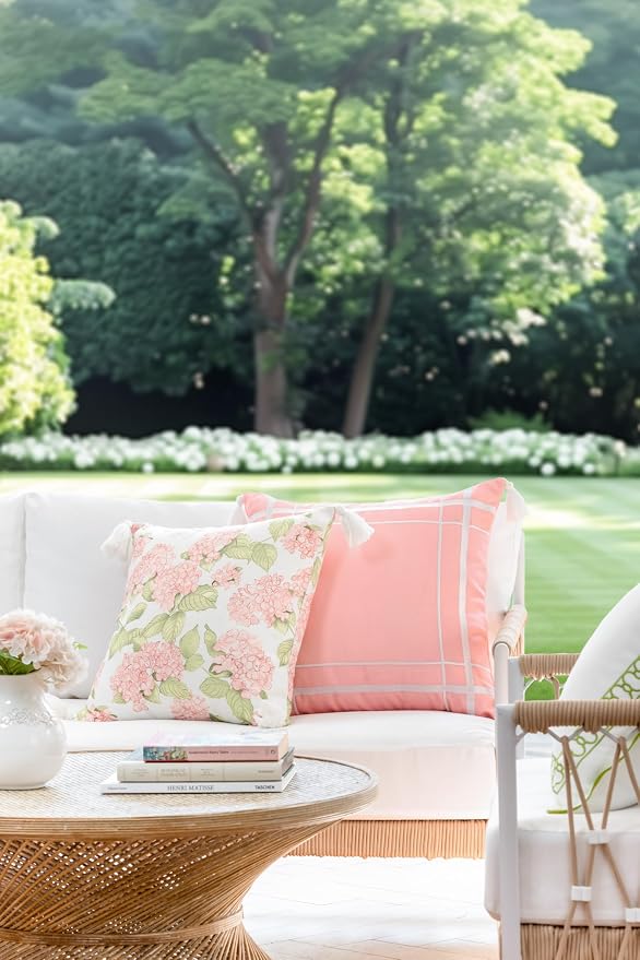 Hofdeco Premium Coastal Patio Indoor Outdoor Throw Pillow Cover Only, 18"x18" Water Repellent for Backyard, Couch, Blush Pink Green Print Sketch Hydrangea Flower