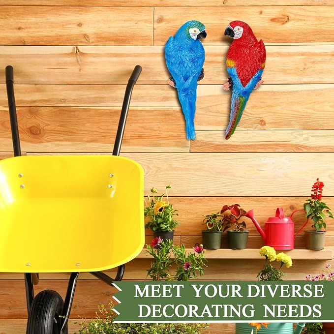 Jetec Parrot Decor Outdoor Tiki Bar Decor Large Realistic Parrot Statues Outside Lifelike Bird Sculptures Garden Patio Yard Lawn Figurines for Tropical Animal Tree Wall(2 Pcs,Blue, Red)