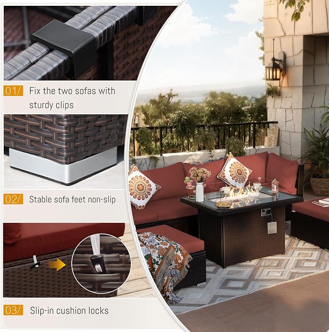BULEXYARD 13 Piece High Back Wicker Patio Furniture Sets with Fire Pit, Elegant XL Oversized Outdoor Seating Set Modular, Comfy Extra Deep Wide 12-Person Sectional Couch Sofa for Backyard, Brown & Red