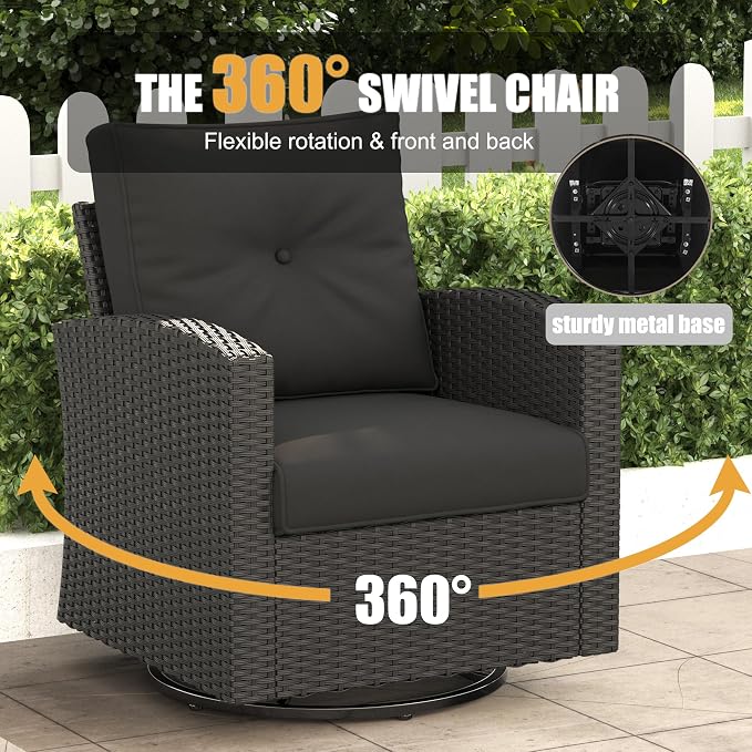 LayinSun 10 Pieces Patio Furniture Set with Fire Pit Table, Black Rattan Modular Sectional Outdoor Conversation Sofa Set, Swivel Rocking Chairs Set