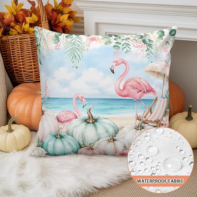 Coastal Fall Throw Pillow Covers 24x24 Inch Set of 2, Thanksgiving Waterproof Outdoor Pillow Covers, Flamingo Pumpkins Eucalyptus Decorative Cushion Pillowcases for Couch, Sofa, Bed, Garden, Patio