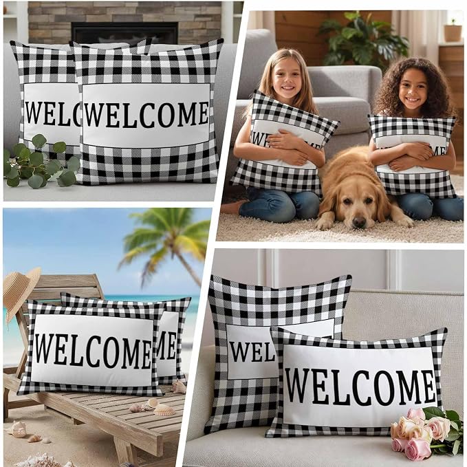 Welcome Black Outdoor Pillow Covers Set of 2 White Buffalo Check Plaid Waterproof Throw Pillow Cover Decorative Cushion Cases for Patio Porch Garden 20X20 Inch