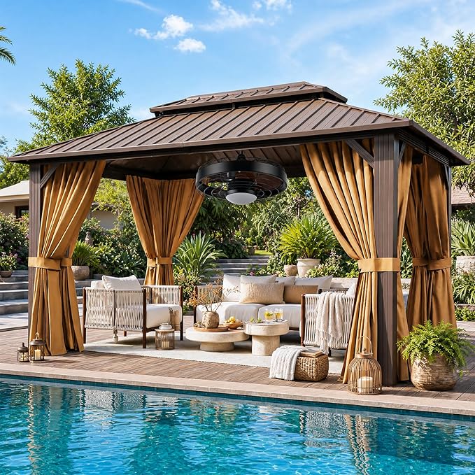 10x12FT Hardtop Gazebo with 20IN Ceiling Fan, Metal Frame with Double Galvanized Steel Roof, Permanent Outdoor Pergola for Backyard, Patio, Lawn and Garden, Brown