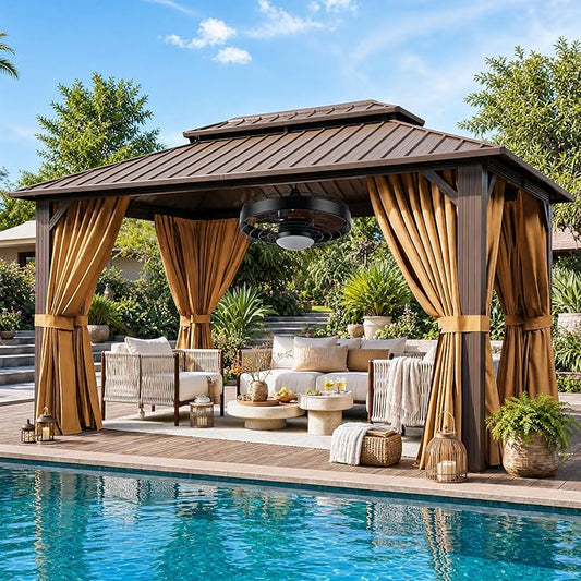 10x12FT Hardtop Gazebo with 20IN Ceiling Fan, Metal Frame with Double Galvanized Steel Roof, Permanent Outdoor Pergola for Backyard, Patio, Lawn and Garden, Brown