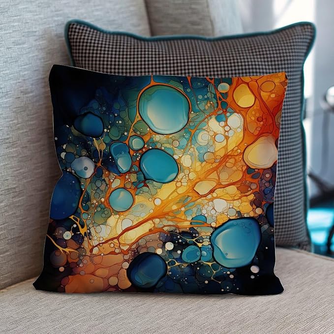 Ink Rainbow Shapes with Gold Throw Pillow Covers Abstract Alcohol Ink Textures Throw Pillow Cover Abstract Modern Decorative Pillow Covers for Patio Couch Bench 18x18 in