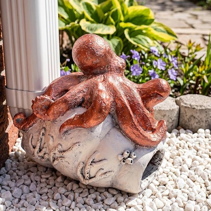 Teaeeno Octopus Downspout Extender Statue - Outdoor Garden Decor, Drain Pipe Cover with Crab & Coral Design - Durable Resin for US Lawns, Patios, and Yards (Red)