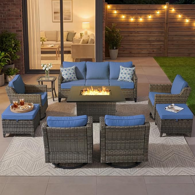 Outdoor Furniture Set of 9, Patio Sofa with Luxury 4" Cushion, Wicker Swivel Rocker Patio Chairs, and Fire Pit Table Table, High Back&Deep Seat for Garden Deck Porch Balcony Backyard - Blue