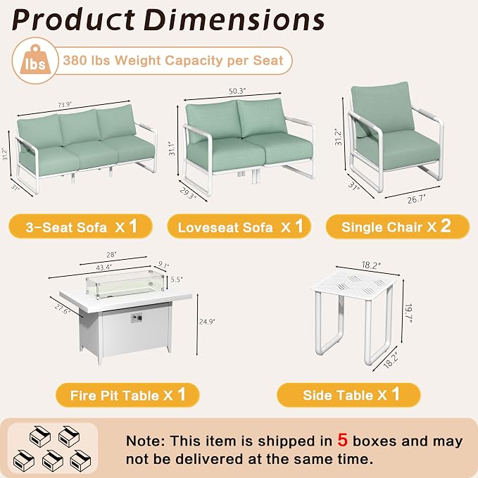 7-Seat Aluminum Patio Conversation Set, Modern Outdoor Sofa with Oversized Fire Pit Table (Glass Wind Guard), 6.5" Thick Cushions, All-Weather for Balcony, Garden (White)