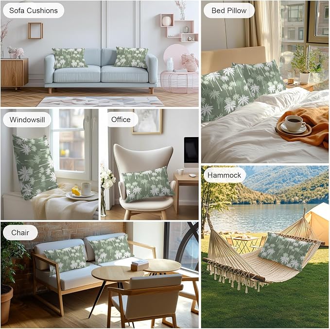 Lumbar Pillow Covers 20x12 Inch Set of 2, Tropical Palm Tree Waterproof Outdoor Pillow Covers, Olive Green Plants Coastal Leaf Beach Decorative Cushion Pillowcases for Couch, Sofa, Bed, Garden, Patio