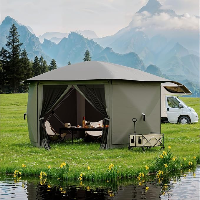 GarveeLife 13x13FT 6-Sided Pop Up Gazebo Tent，One-Push Setup Canopy Tent with Removable Canopy Top & Wind Cloths, Outdoor shelter for Camping, Backyard Parties, Outdoor Events - Grey