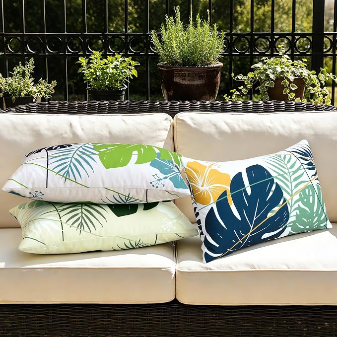 OTOSTAR Outdoor Waterproof Throw Pillow Covers 16x24 Inch Set of 2 Double-Sided Light Green Blue Tropical Leaf and Flower Spring Summer Decorative Pillow Cases for Patio Funiture Garden Balcony Couch