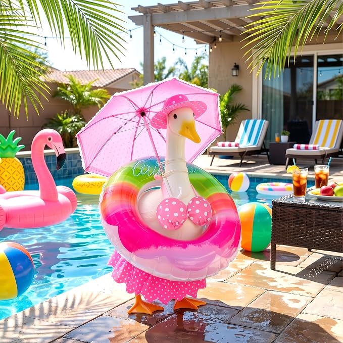 Mastom Porch Goose Outfits Fits 23" Statue Summer Outfits with Hat Swim Ring and Parasol Hawaiian Porch Goose Clothes Costume for Outdoor Patio Yard Decor
