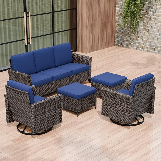 COOS BAY Harbor Retreat 5 Piece Outdoor Furniture Set, Patio Conversation Set with w/Swivel Rocking Chairs, 3 Seat Couch and Ottomans, Wicker Furniture, Brown/Blue