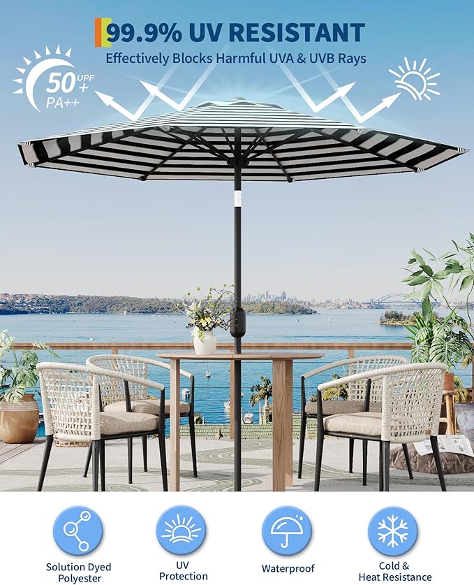 GarveeLife 9 ft Outdoor Patio Umbrella, Table Market Umbrella With Push Button Tilt and Crank, 8 Sturdy Ribs UV Protection Waterproof for Garden, Deck, Backyard, Pool (Black-and-white striped)