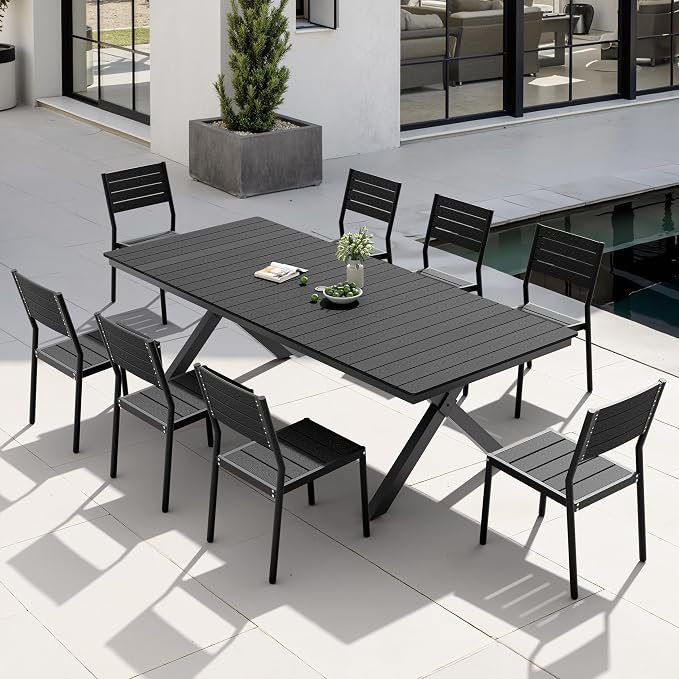 Pellebant Outdoor Dining Set for 8, 9 Pieces Aluminum Patio Table and Stackable Armless Chairs with Umbrella Hole & Wood-Like Top, Black