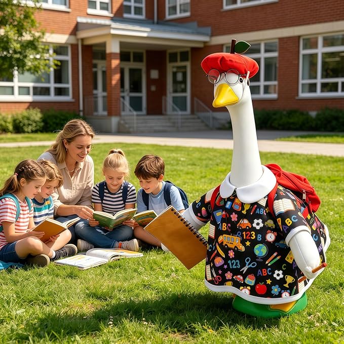Back to School Porch Goose Outfits for 17''/23'' Goose Statues, First Day of School Goose Clothes with Apple Hat, Glasses, Pencil, Notebook, Backpack for School & Classroom Decor