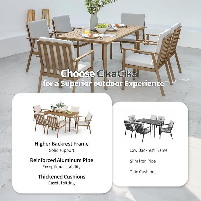 7 Pieces Patio Dining Set for 6, Never-Rust Aluminum Outdoor Table and Chairs Set with Cushions, Modern Patio Furniture with Umbrella Hole, 6 Pario Chairs & Table for Backyard Deck Pool, Teak