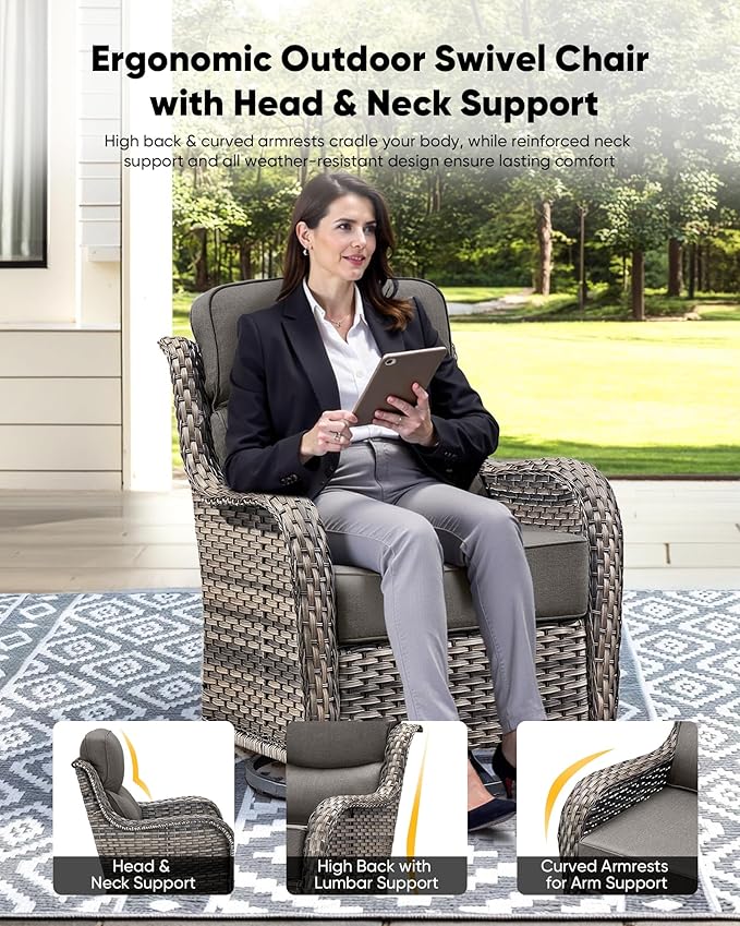 HUMMUH Outdoor Wicker Swivel Rocker Chairs, Set of 2, High Back | 6 in cushions, 360° swivel and glide motion, PE wicker, metal frame, 350 lb capacity, for porch, balcony, and deck