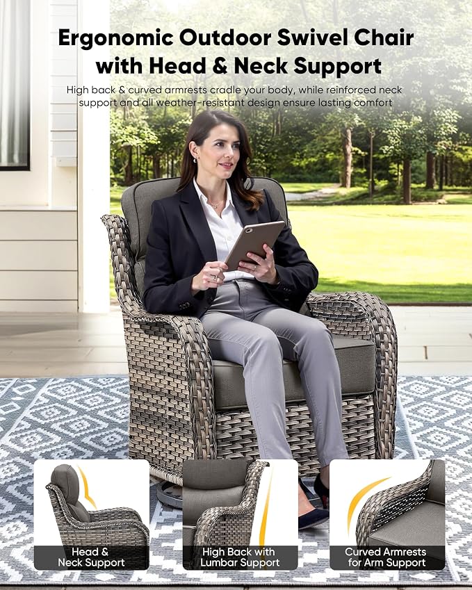 HUMMUH 6 inch Thick Cushion Wicker Patio Furniture Set with Outdoor Swivel Rocker Patio Chairs,High Back Outdoor Couch and Coffee Table for Porch Garden Deck