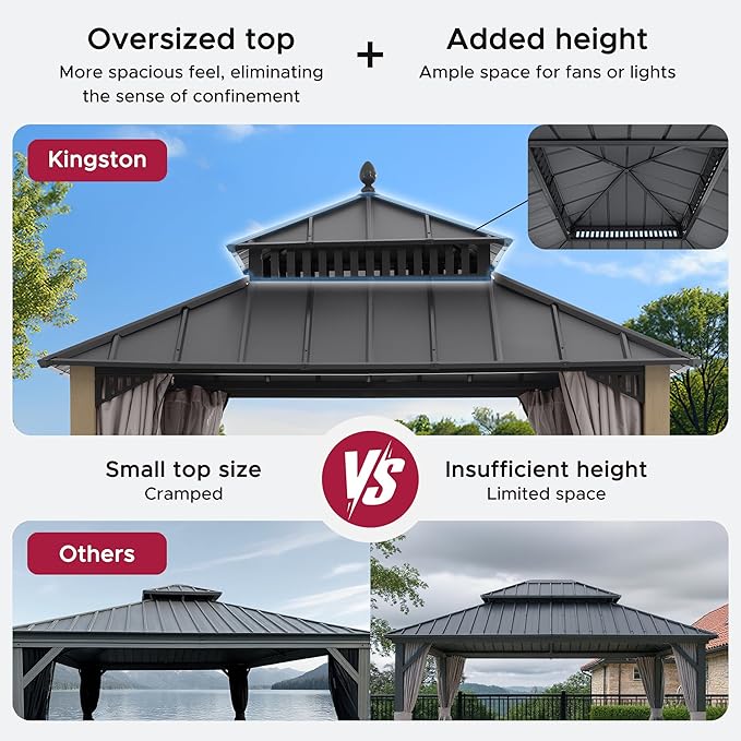 SUNJOY Kingston 10' x 10' Hardtop Wood Gazebo with Galvanized Steel Double Roof, Curtain and Netting, Cedar Posts Permanent Pavilion Gazebo for Garden, Patio, Deck, Lawn