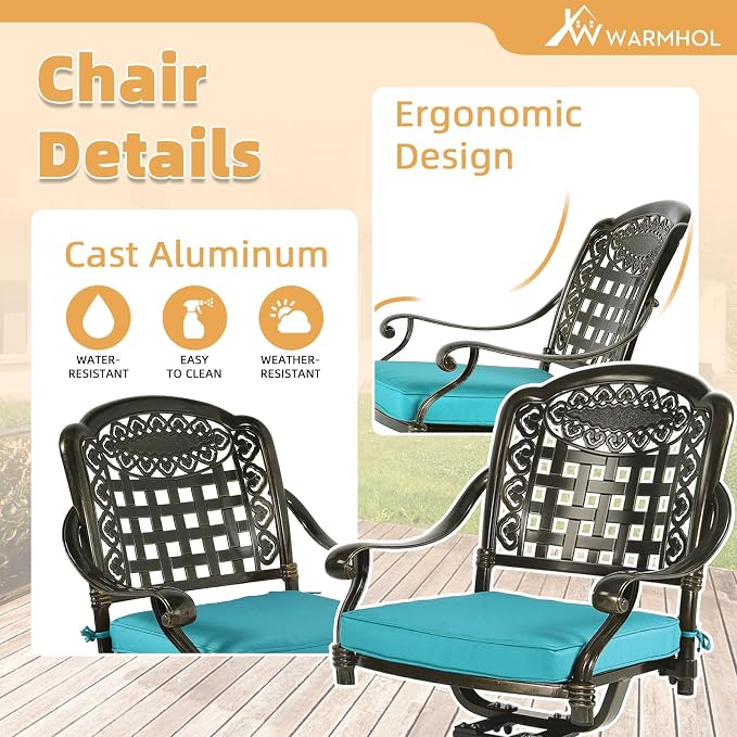 9-Piece Patio Furniture Dining Set, Cast Aluminum Outdoor Conversation Set- 61" Round Patio Dining Table with Detachable Lazy Susan & 8 Cushioned Swivel Rocker, Umbrella Hole, Ocean Blue