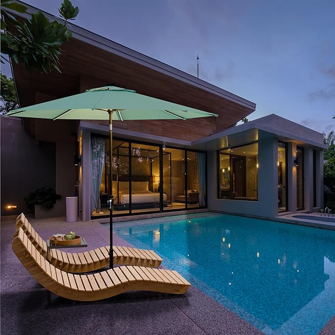 Midtown Umbrellas The LED Swilt 10 Feet Patio Umbrella With Terylast Seawater (Aqua) Polyester Fabric - Auto-Tilt Aluminum Frame With LED Lights For Backyard, Deck, Garden, Pool - Black Pole